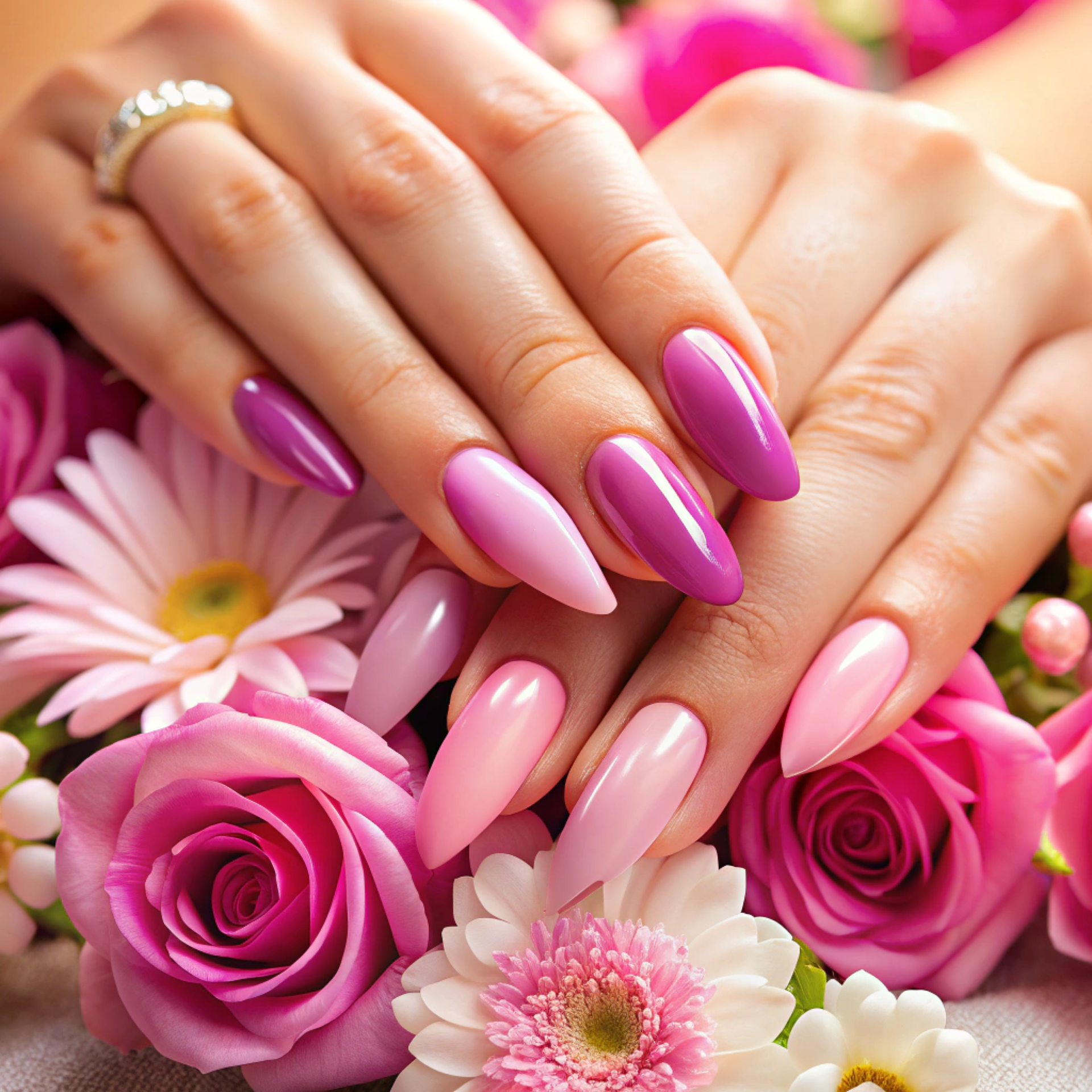Nail care professional applying gel polish on client's nails in a salon setting